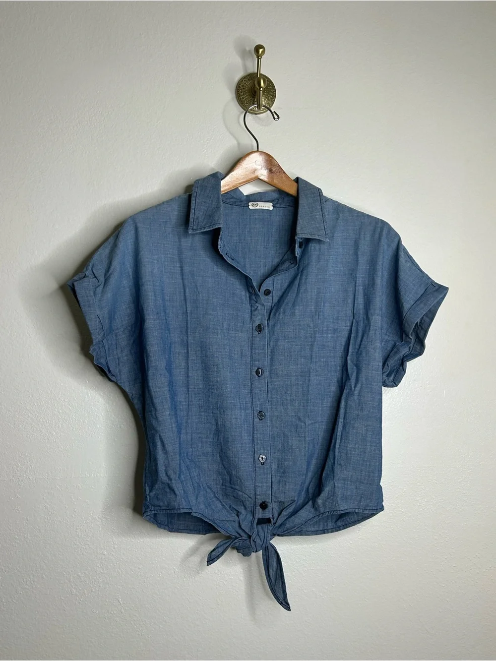 AG 100% Cotton Denim Chambray Button Down Tie Front Short Sleeve Boxy Blouse Top